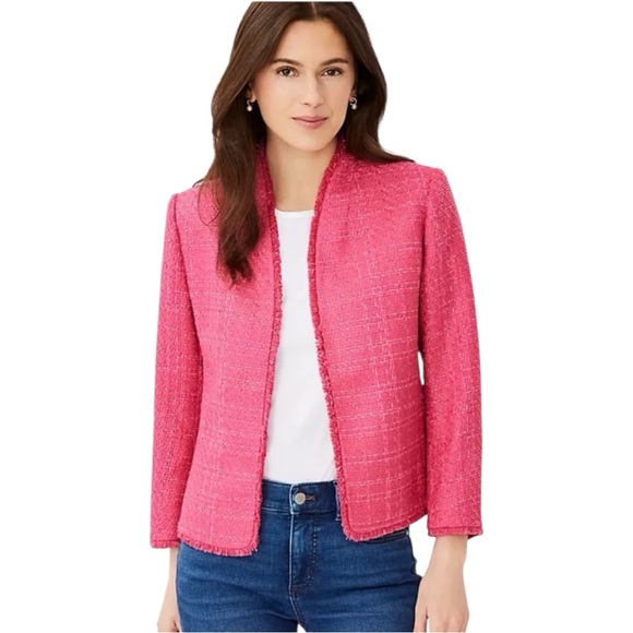 Ann Taylor Cutaway Fringe Tweed Jacket Pink 14 - Picture 2 of 11